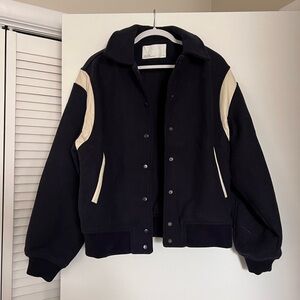 Navy Wool Varsity Jacket with Cream Accents